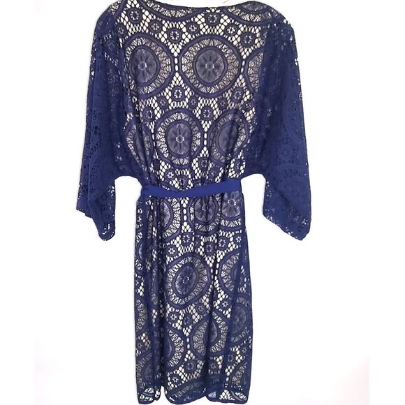 Chelsea Violet Blue Lace Dress Belted Boho Tunic Navy Blue Mini Slip Over NEW - Picture 2 of 14